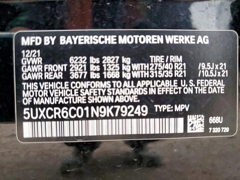 2022 BMW X5 XDRIVE4 5UXCR6C01N9K79249
