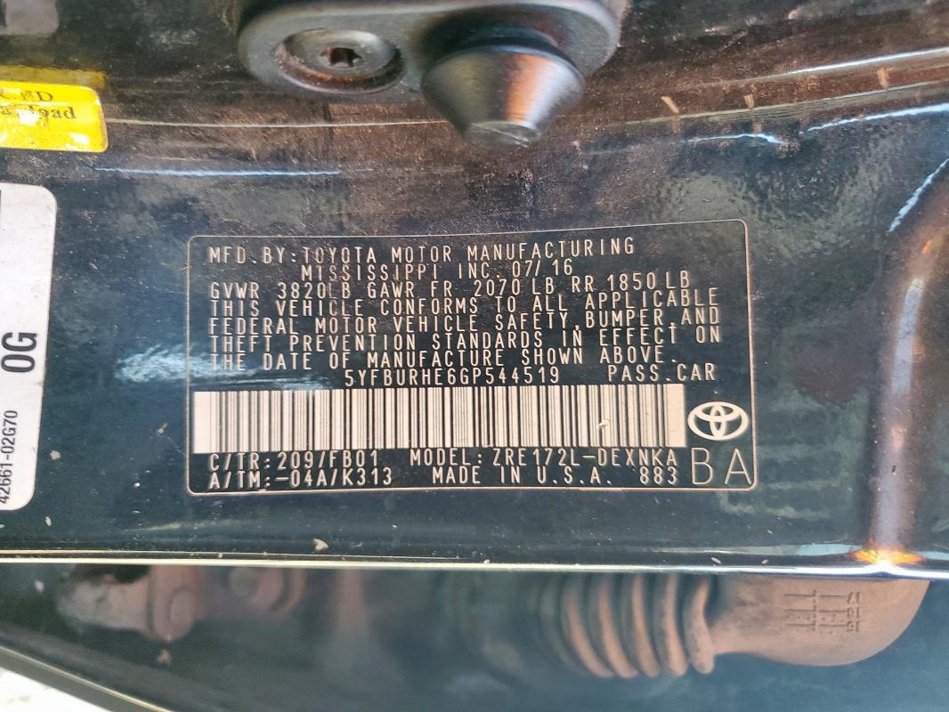 2016 TOYOTA COROLLA L - 5YFBURHE6GP544519