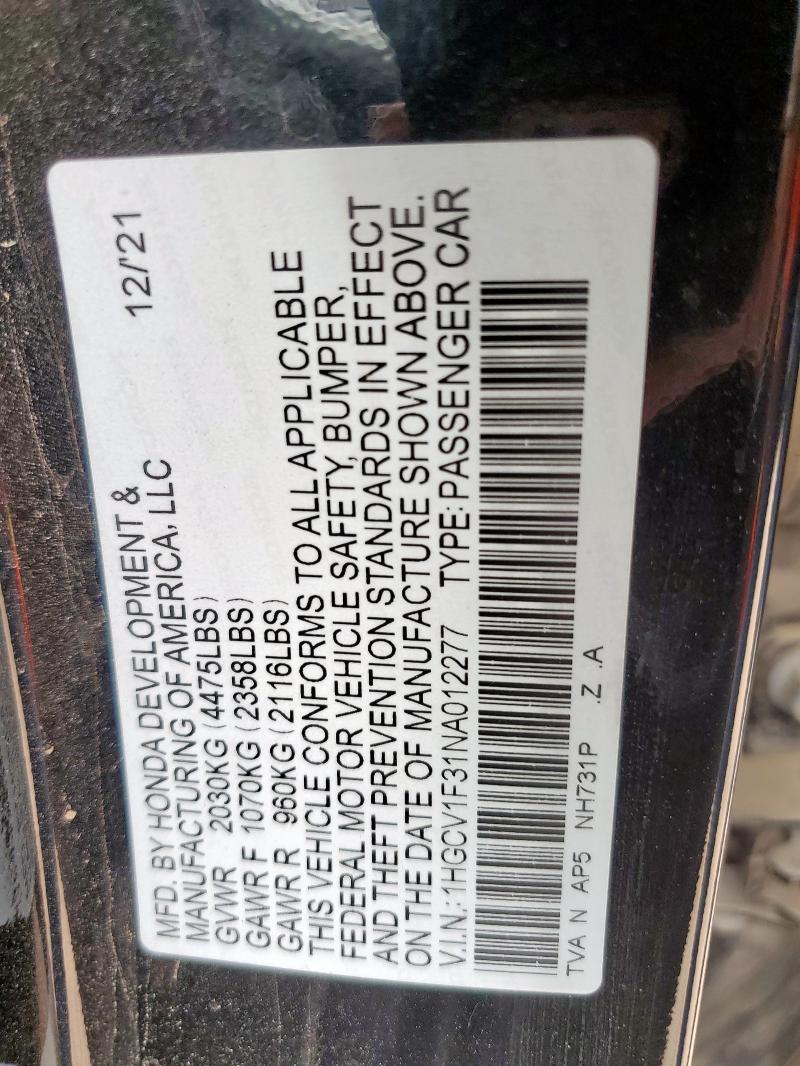 2022 HONDA ACCORD SPO - 1HGCV1F31NA012277