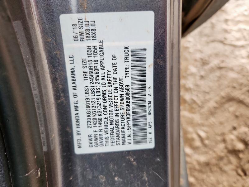 2019 HONDA RIDGELINE 5FPYK3F66KB008609