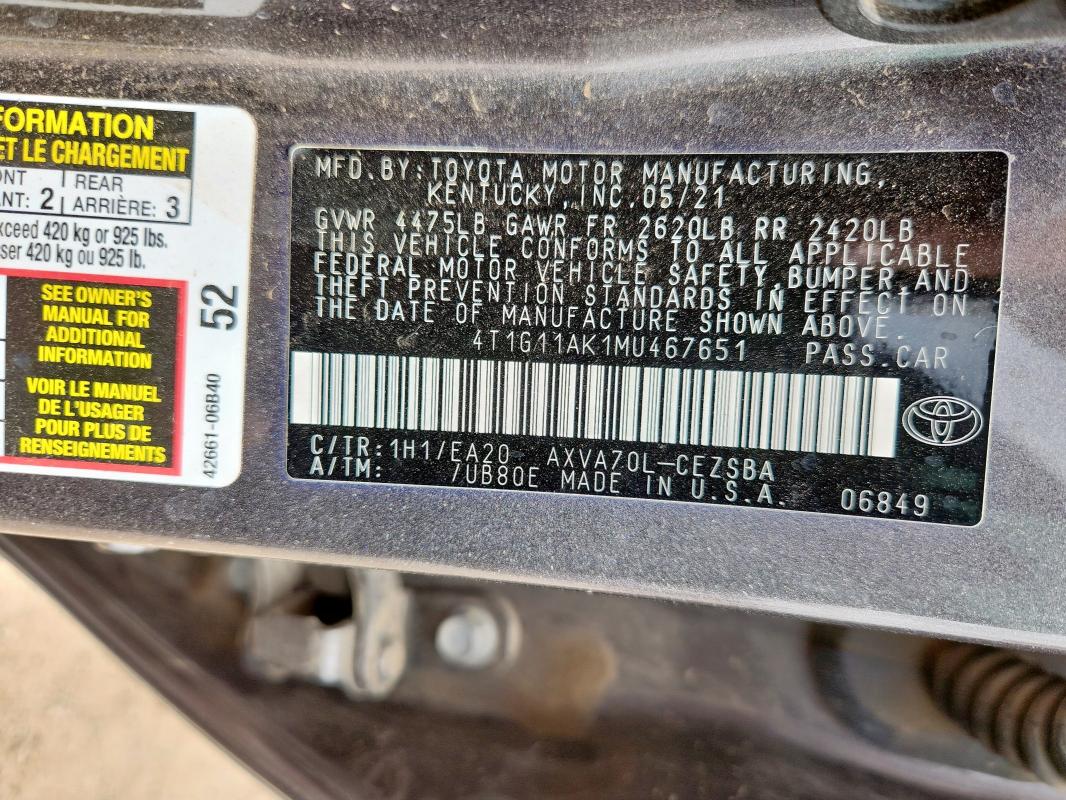 2021 TOYOTA CAMRY SE 4T1G11AK1MU467651