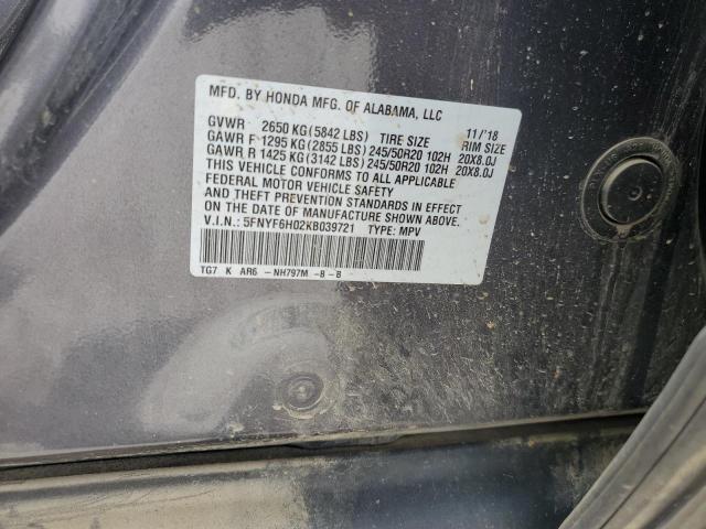 2019 HONDA PILOT ELITE 5FNYF6H02KB039721