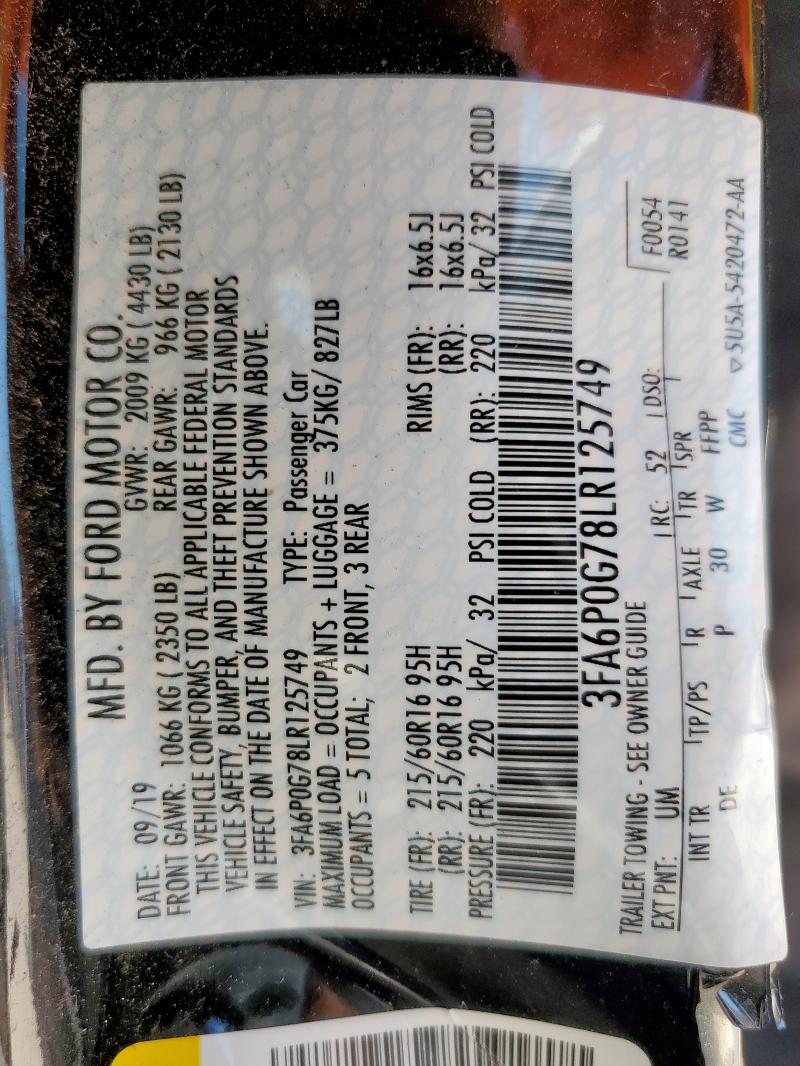 2020 FORD FUSION S - 3FA6P0G78LR125749