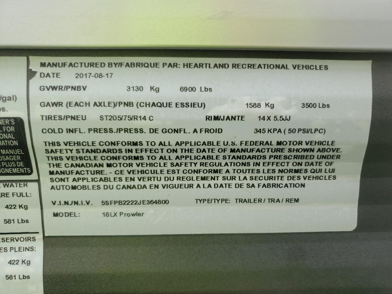 Lot #3239253137 2018 HEART LAND PROWLER