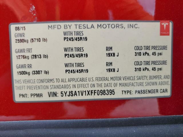 2015 TESLA MODEL S 90 5YJSA1V1XFF098395