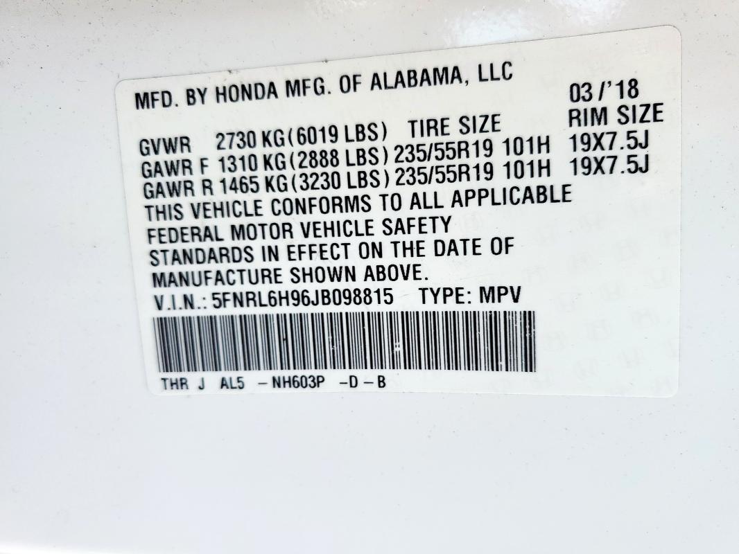 2018 HONDA ODYSSEY EL 5FNRL6H96JB098815