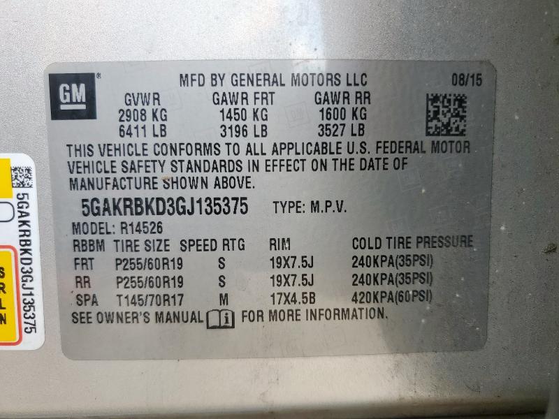 2016 BUICK ENCLAVE 5GAKRBKD3GJ135375