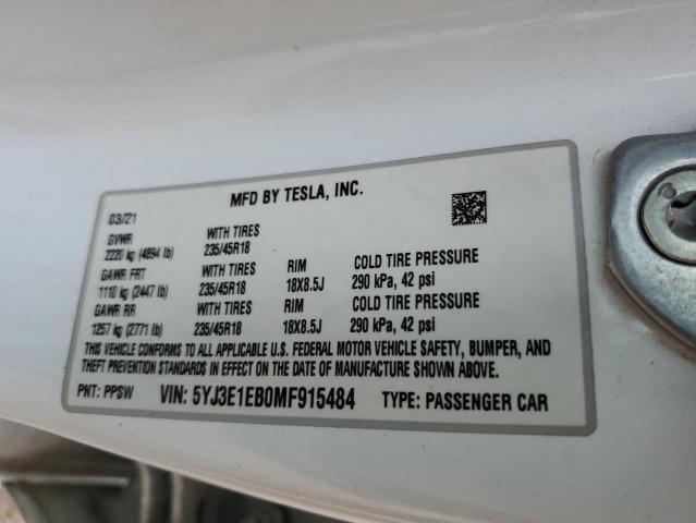 2021 TESLA MODEL 3 5YJ3E1EB0MF915484