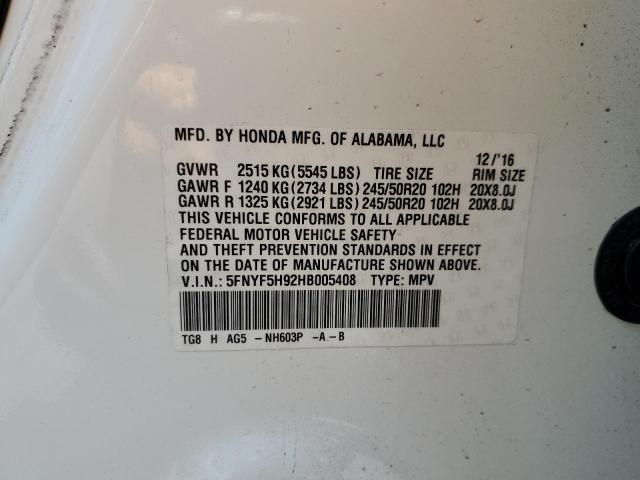 2017 HONDA PILOT TOUR 5FNYF5H92HB005408