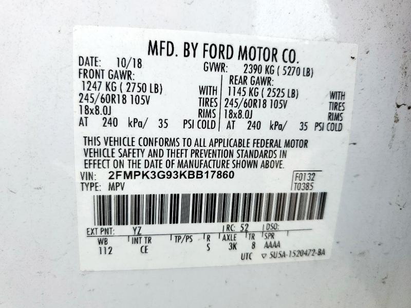 2019 FORD EDGE SE 2FMPK3G93KBB17860
