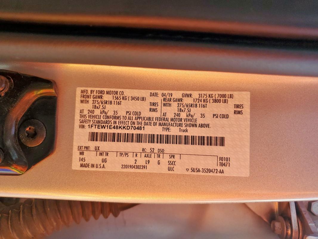 2019 FORD F150 SUPER - 1FTEW1E48KKD70481