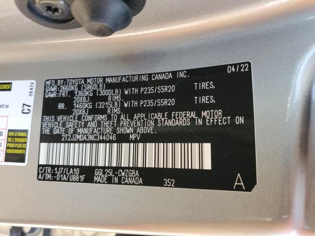 2022 LEXUS RX 350 2T2JZMDA3NC344046