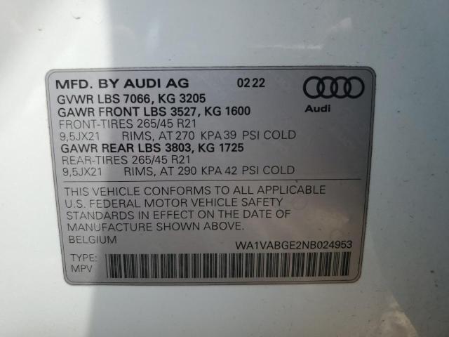 2022 AUDI E-TRON CHR WA1VABGE2NB024953