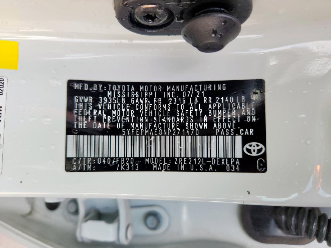 2022 TOYOTA COROLLA LE 5YFEPMAE8NP271470