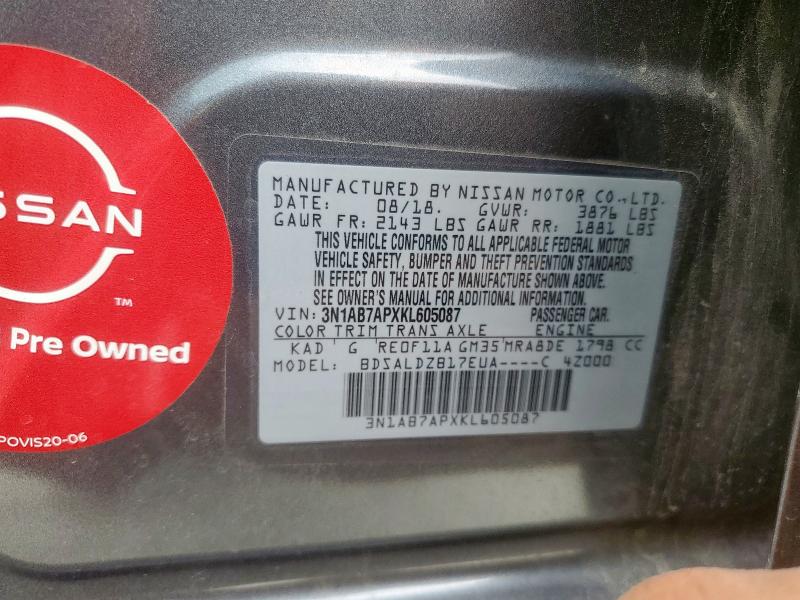 2019 NISSAN SENTRA S 3N1AB7APXKL605087