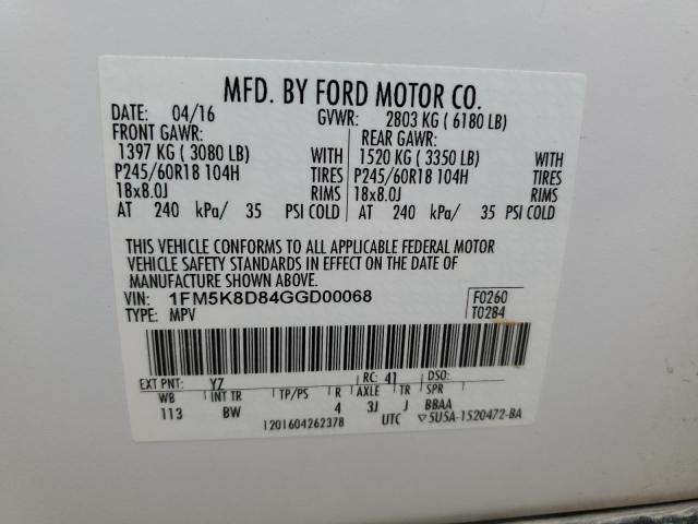 2016 FORD EXPLORER XLT 1FM5K8D84GGD00068