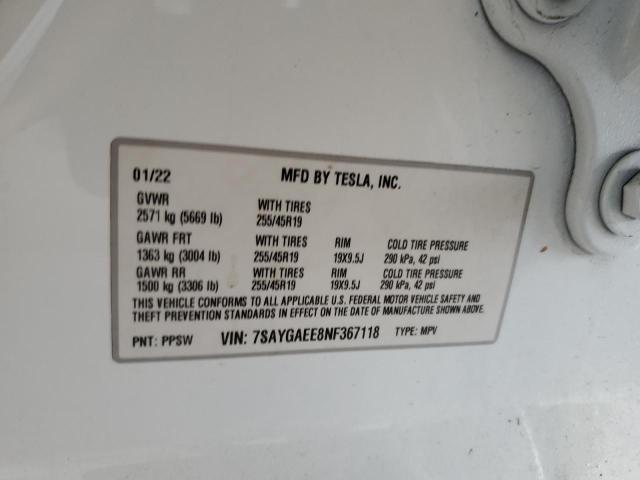 2022 TESLA MODEL Y 7SAYGAEE8NF367118