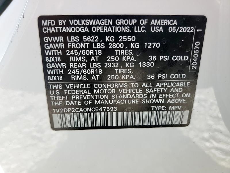 2022 VOLKSWAGEN ATLAS SE 1V2DP2CA0NC547593
