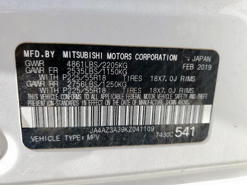 2019 MITSUBISHI OUTLANDER JA4AZ3A39KZ041109