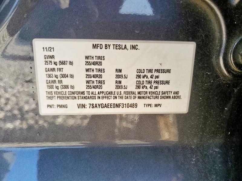2022 TESLA MODEL Y 7SAYGAEE0NF310489