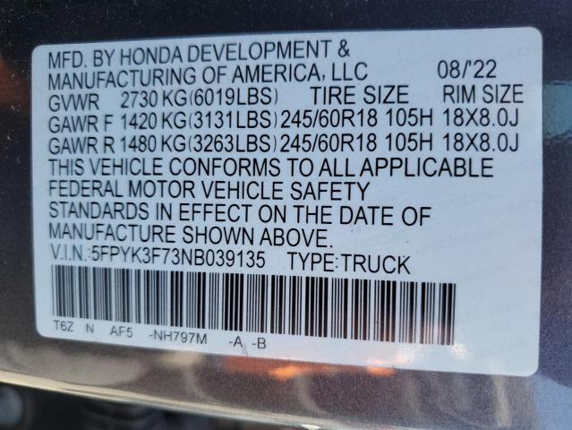 2022 HONDA RIDGELINE 5FPYK3F73NB039135