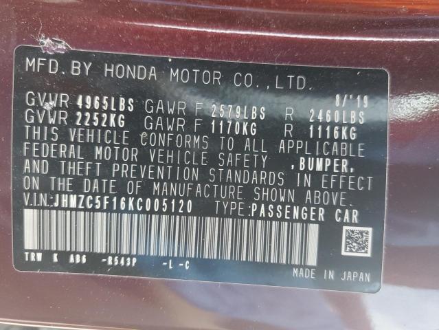 2019 HONDA CLARITY JHMZC5F16KC005120