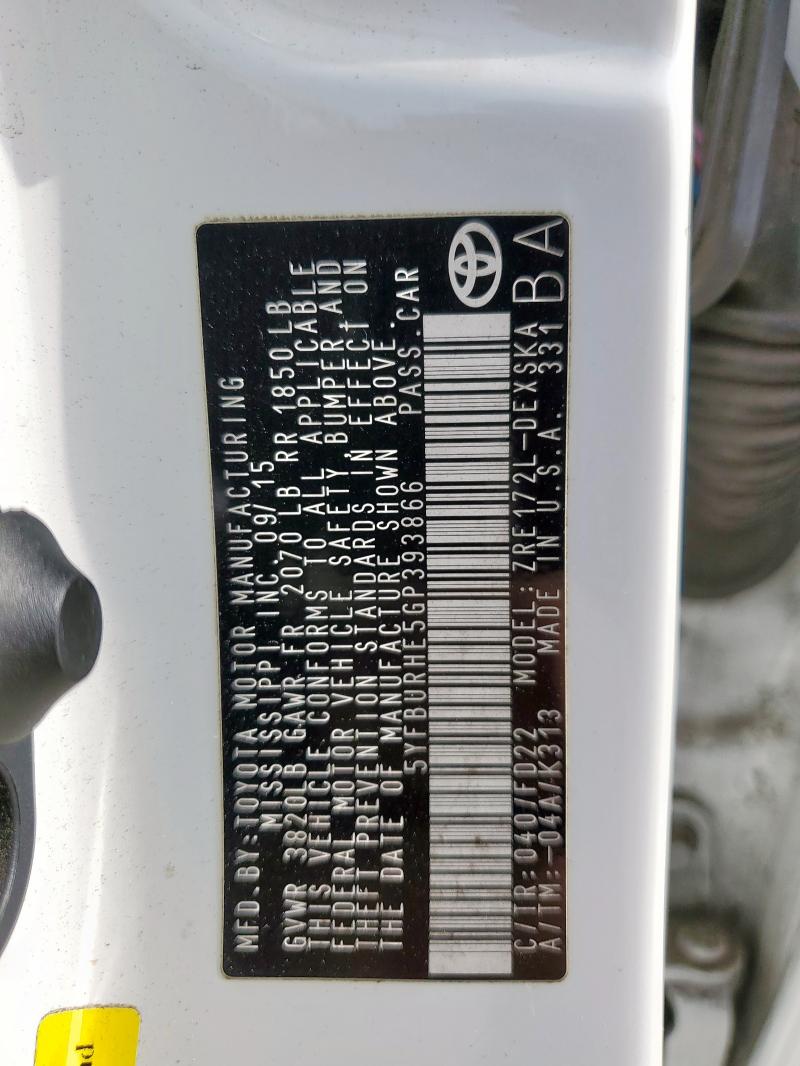 2016 TOYOTA COROLLA L - 5YFBURHE5GP393866