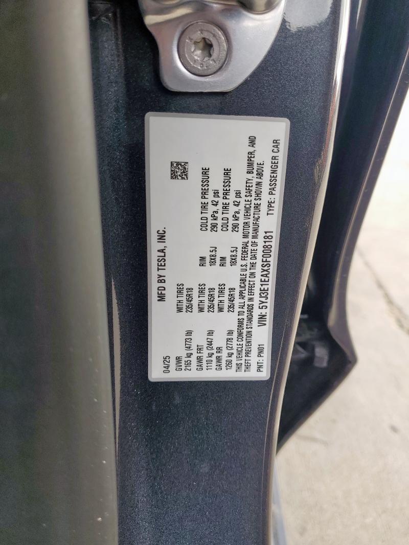 2025 TESLA MODEL 3 5YJ3E1EAXSF008181