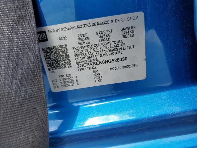 2022 CHEVROLET SILVERADO C1500 CUSTOM 3GCPABEK0NG528030