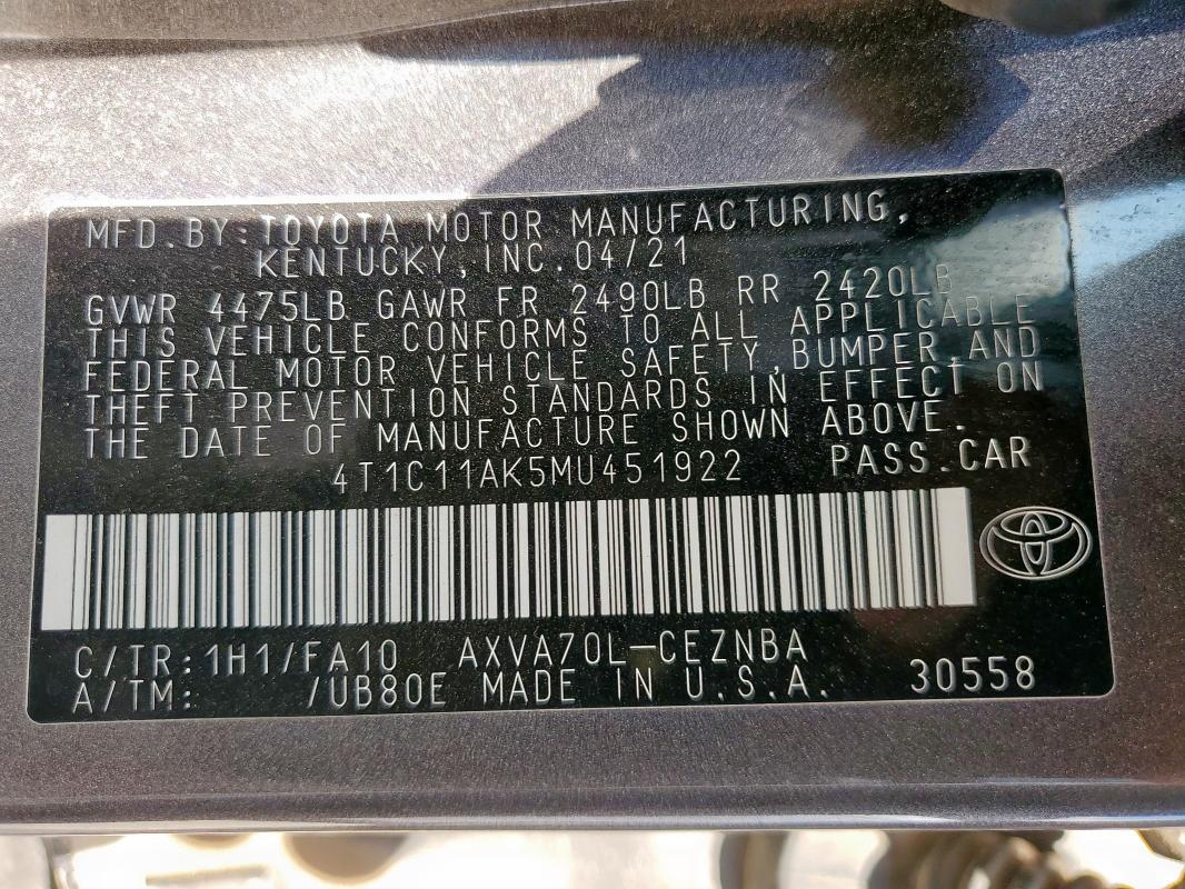 2021 TOYOTA CAMRY LE 4T1C11AK5MU451922
