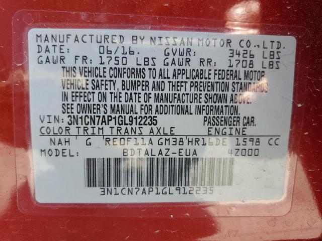 2016 NISSAN VERSA S/S 3N1CN7AP1GL912235