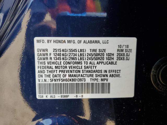 2019 HONDA PILOT TOUR 5FNYF5H60KB013973
