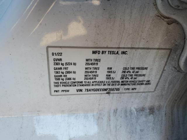2022 TESLA MODEL Y 7SAYGDEE6NF356765