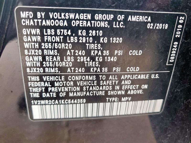 2019 VOLKSWAGEN ATLAS SE 1V2WR2CA1KC544359