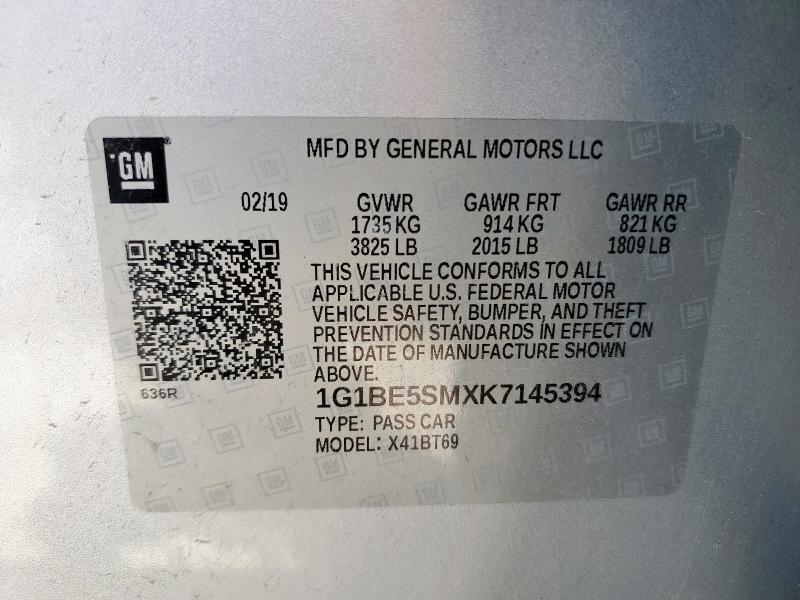 2019 CHEVROLET CRUZE LT 1G1BE5SMXK7145394