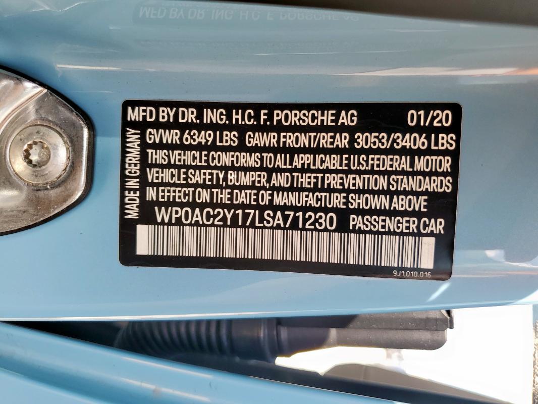 2020 PORSCHE TAYCAN TUR WP0AC2Y17LSA71230