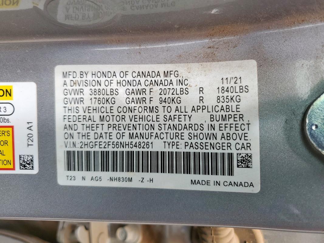 2022 HONDA CIVIC SPOR - 2HGFE2F56NH548261