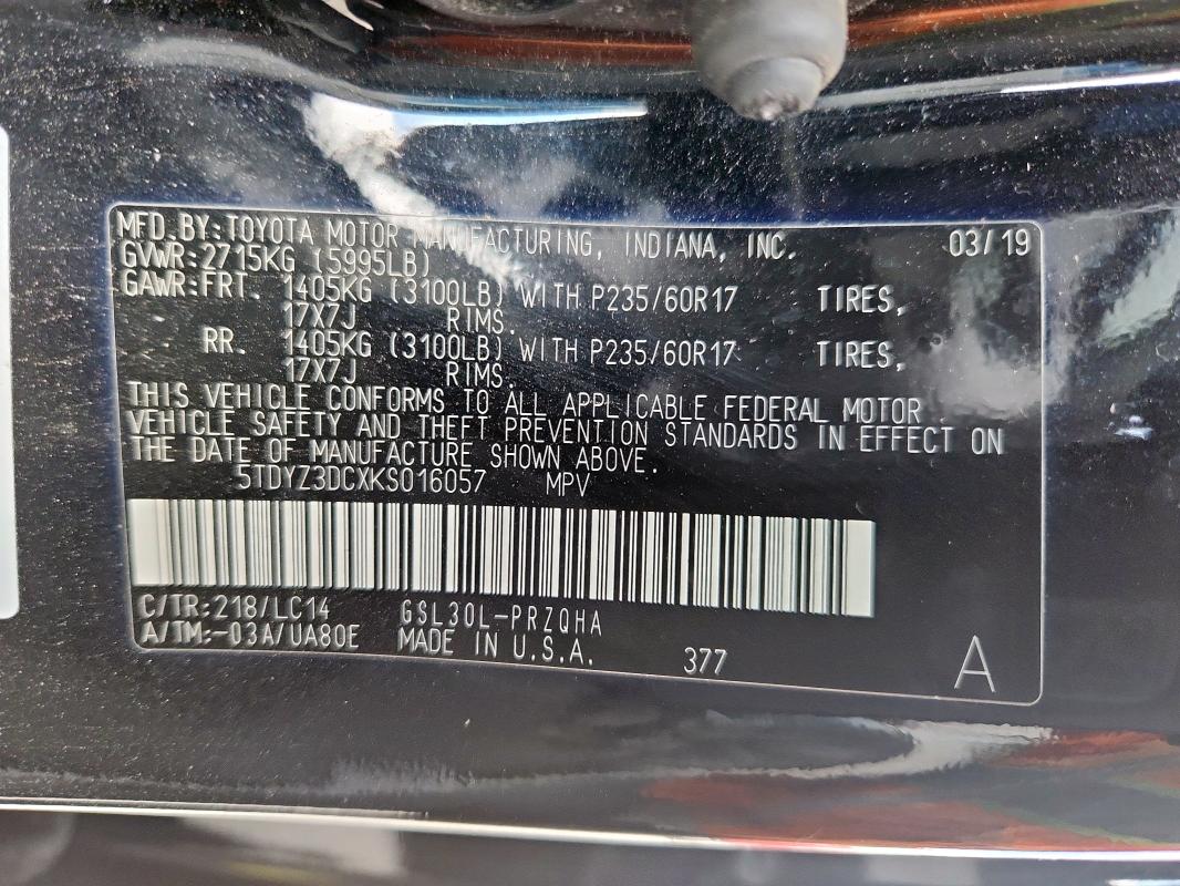 2019 TOYOTA SIENNA XLE 5TDYZ3DCXKS016057