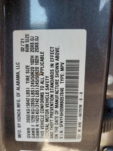2021 HONDA PILOT ELIT 5FNYF6H09MB057846