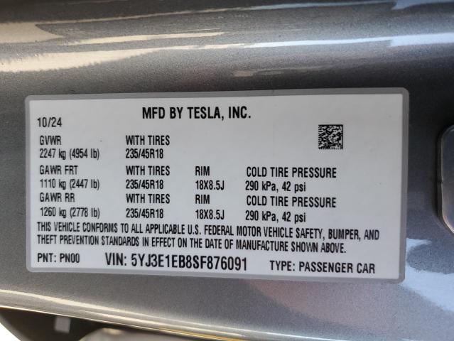 2025 TESLA MODEL 3 5YJ3E1EB8SF876091