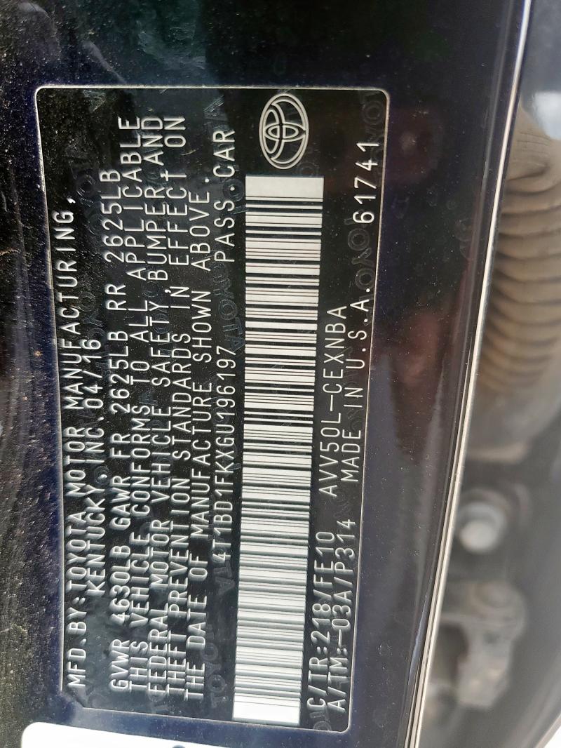 2016 TOYOTA CAMRY HYBR 4T1BD1FKXGU196197