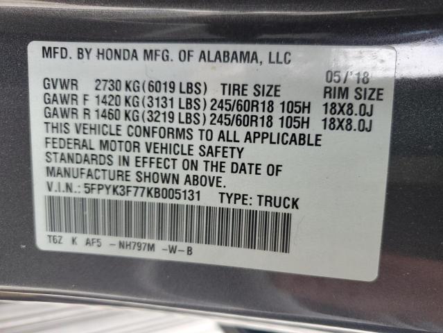 2019 HONDA RIDGELINE 5FPYK3F77KB005131