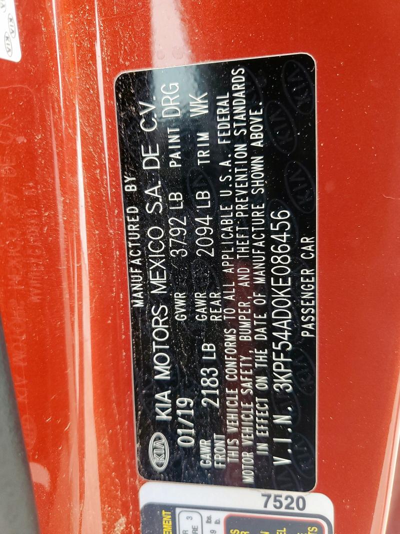 2019 KIA FORTE EX 3KPF54AD0KE086456