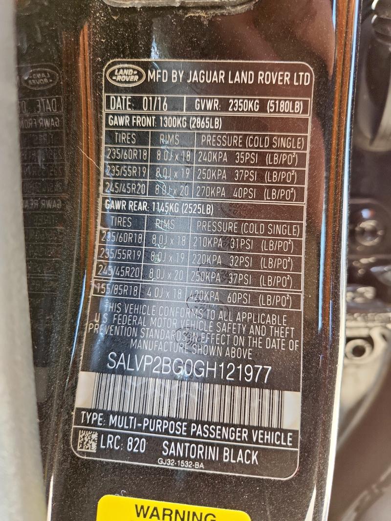 2016 LAND ROVER RANGE ROVE SALVP2BG0GH121977