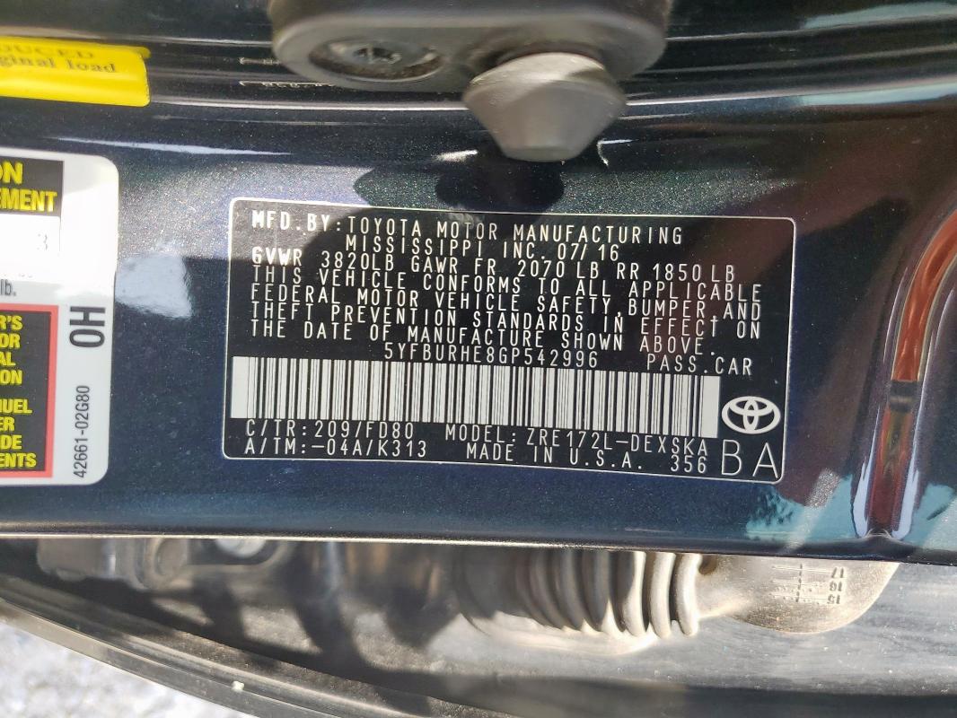 2016 TOYOTA COROLLA L - 5YFBURHE8GP542996