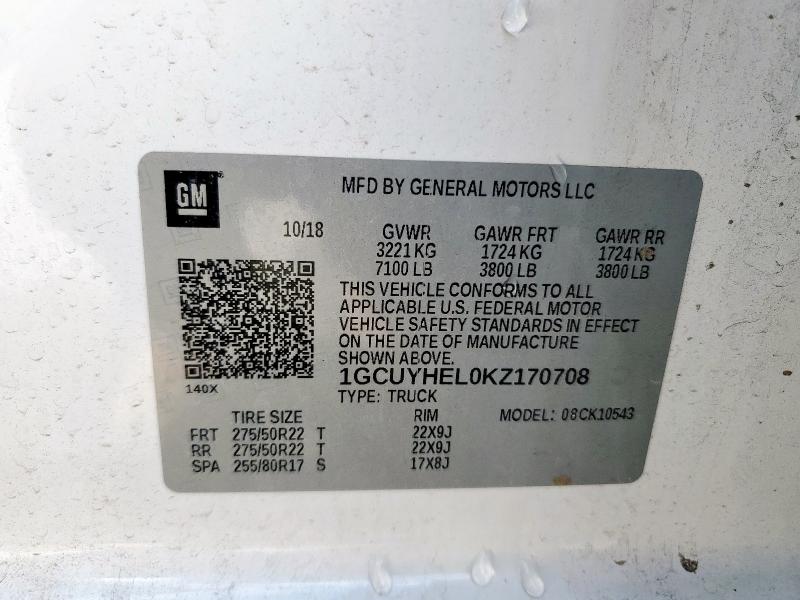 2019 CHEVROLET SILVERADO - 1GCUYHEL0KZ170708