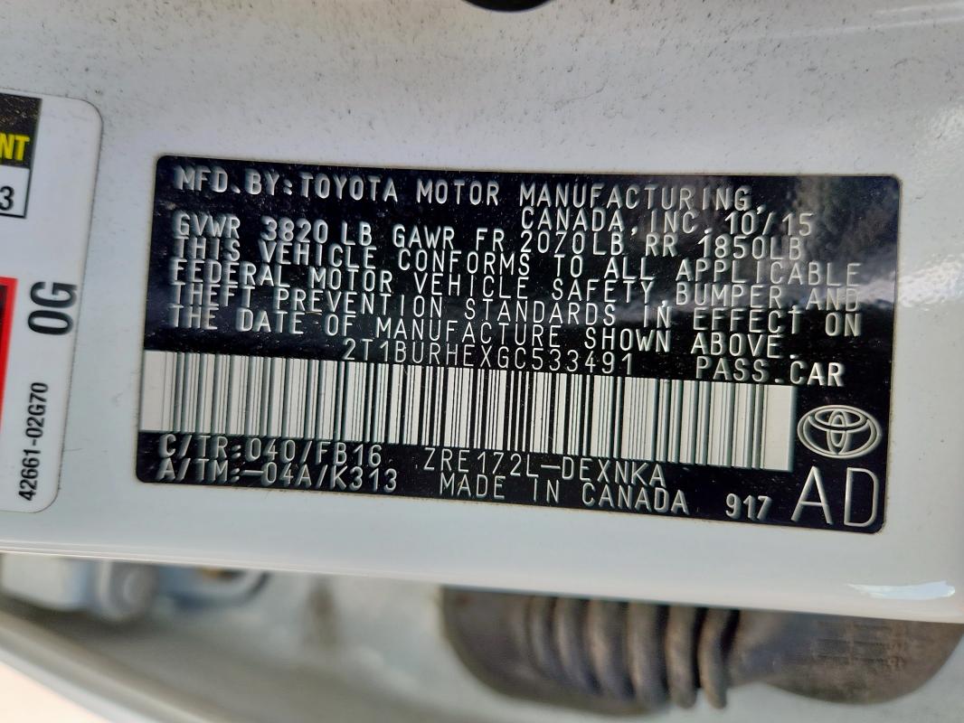 2016 TOYOTA COROLLA L - 2T1BURHEXGC533491