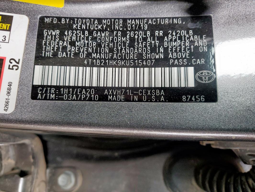 2019 TOYOTA CAMRY HYBR - 4T1B21HK9KU515407