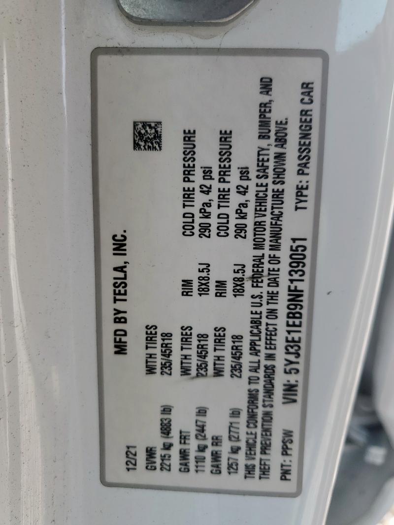 2022 TESLA MODEL 3 5YJ3E1EB9NF139051
