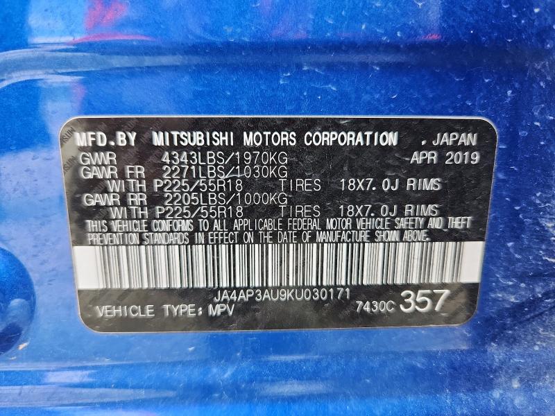 2019 MITSUBISHI OUTLANDER JA4AP3AU9KU030171